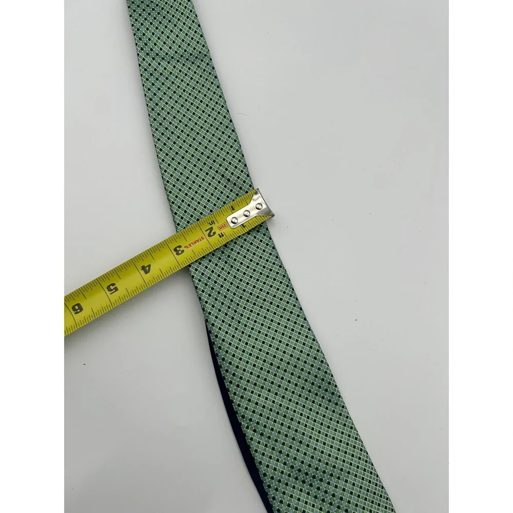 Tommy Hilfiger Mens Green Blue Micro Check Geometric 100% Silk Necktie Tie - Picture 6 of 6
